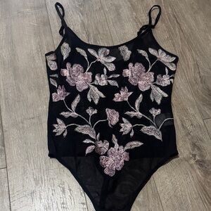 Express Black and Pink Floral Bodysuit